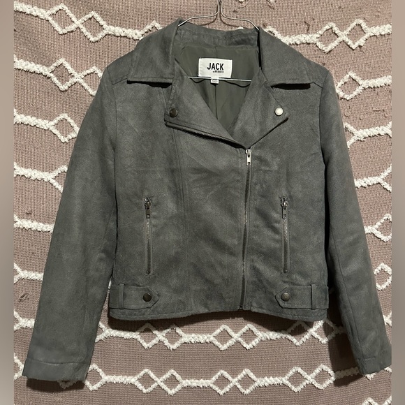 Gray Suede JACK by BB Dakota Fitted Motorcycle Jacket Coat - Picture 1 of 8